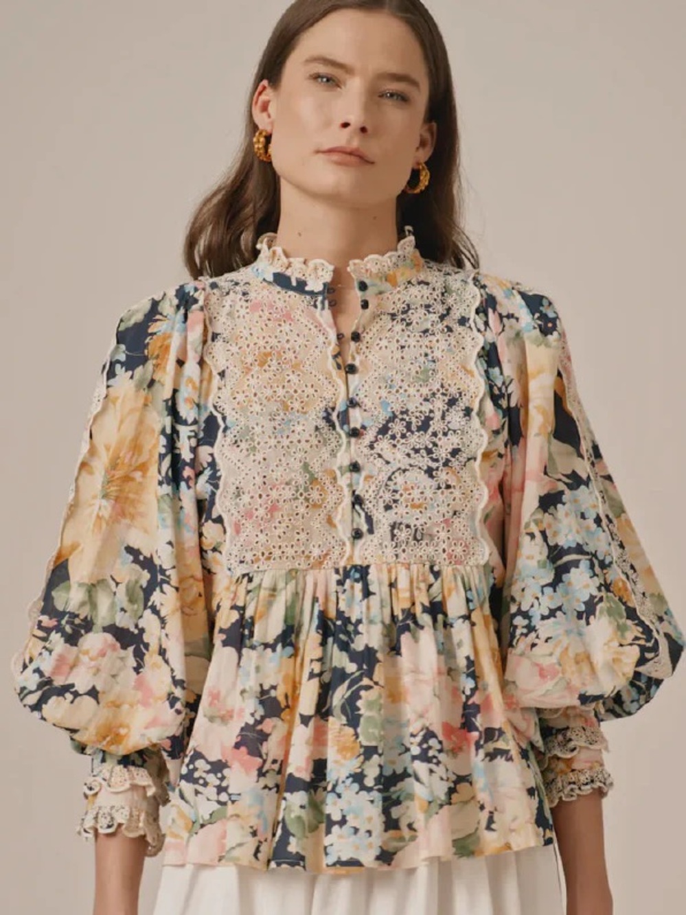 Lace-Front Floral Peasant Blouse in Navy Multi